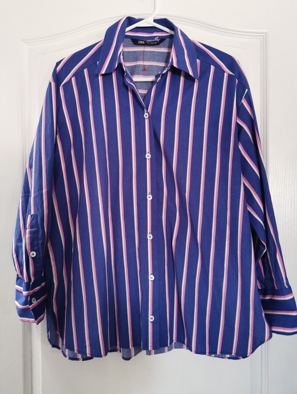 Zara Striped Poplin Button-Down Blouse Oversize SizeXS Blue Pink & white ptp 23" - Picture 4 of 9